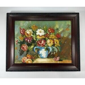 Colorful‎ Still Life Floral Oil Painting Impressionist Style Framed 19”x15”